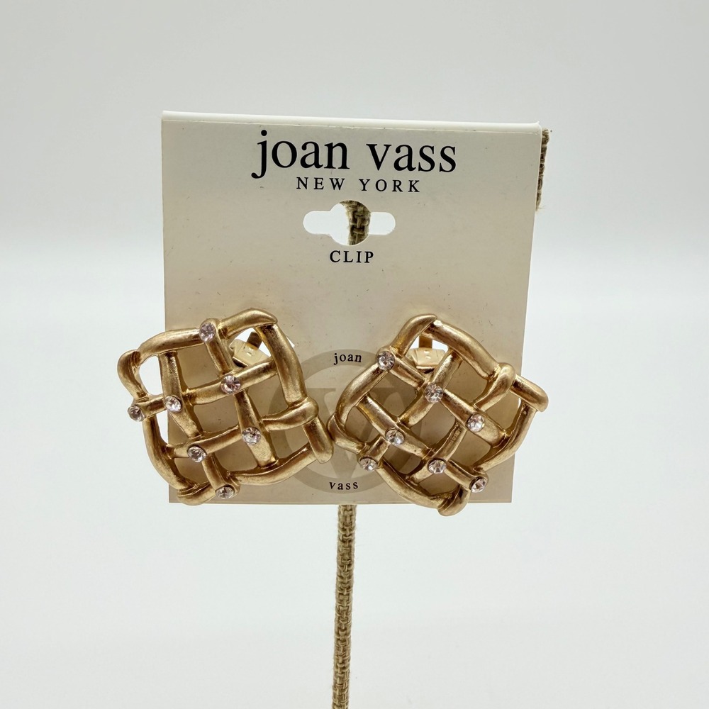 Joan Vass New York Gold Tone Lattice Rhinestone Square Clip On Earrings